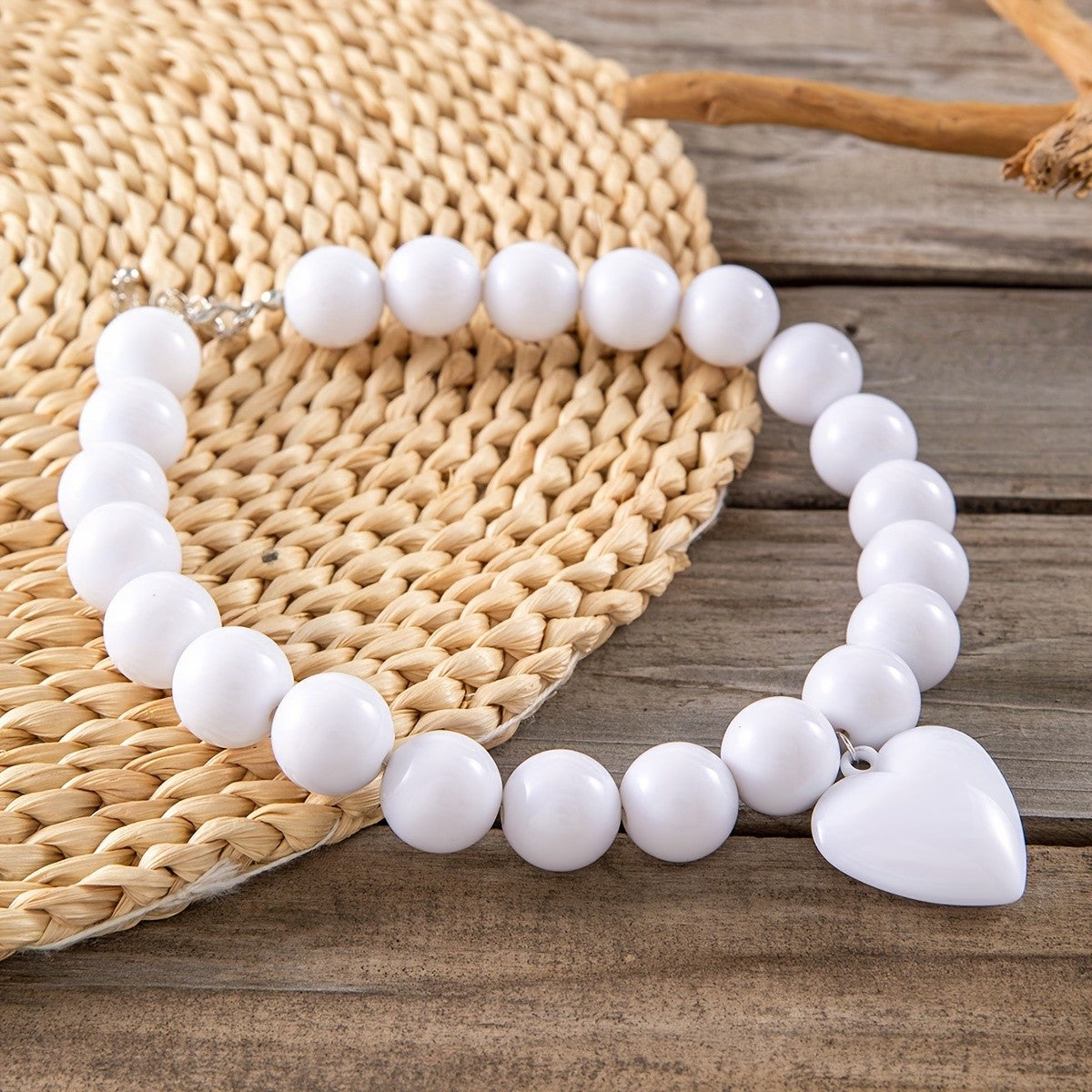 Boho Chunky White Bead Heart Necklace