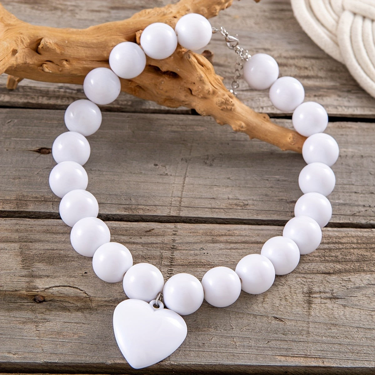 Boho Chunky White Bead Heart Necklace