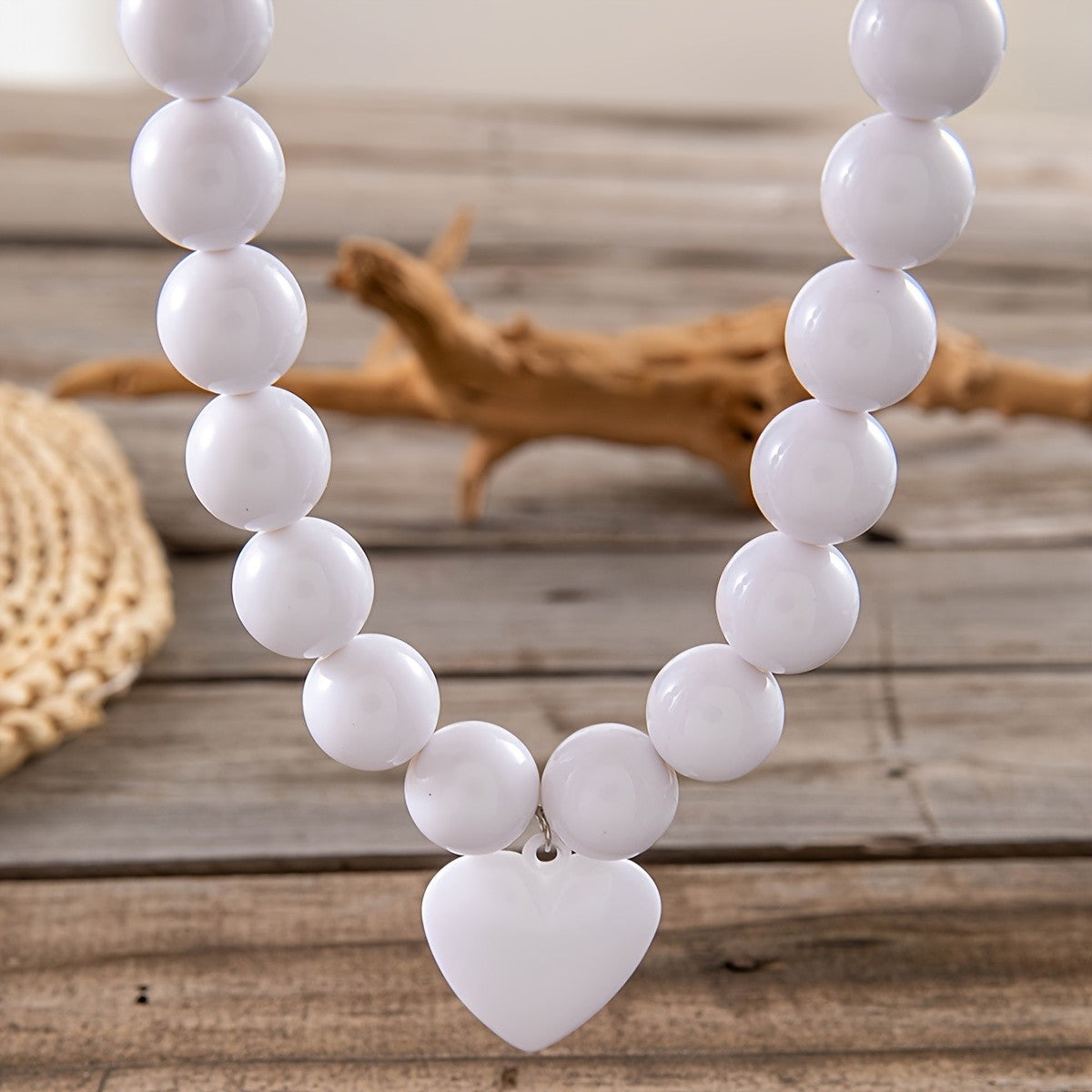 Boho Chunky White Bead Heart Necklace