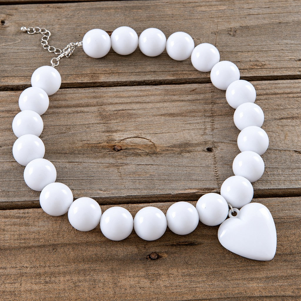 Boho Chunky White Bead Heart Necklace