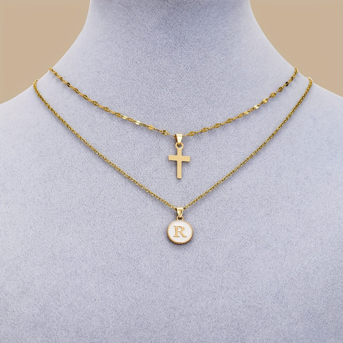 18k Dainty Initial Cross Necklace Set