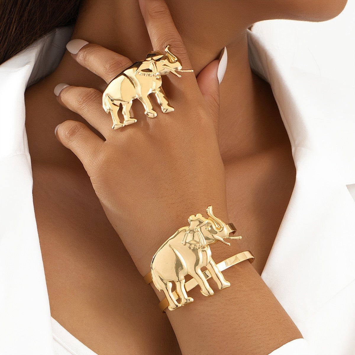 Vintage Inspired Elephant Ring And Bracelet Set