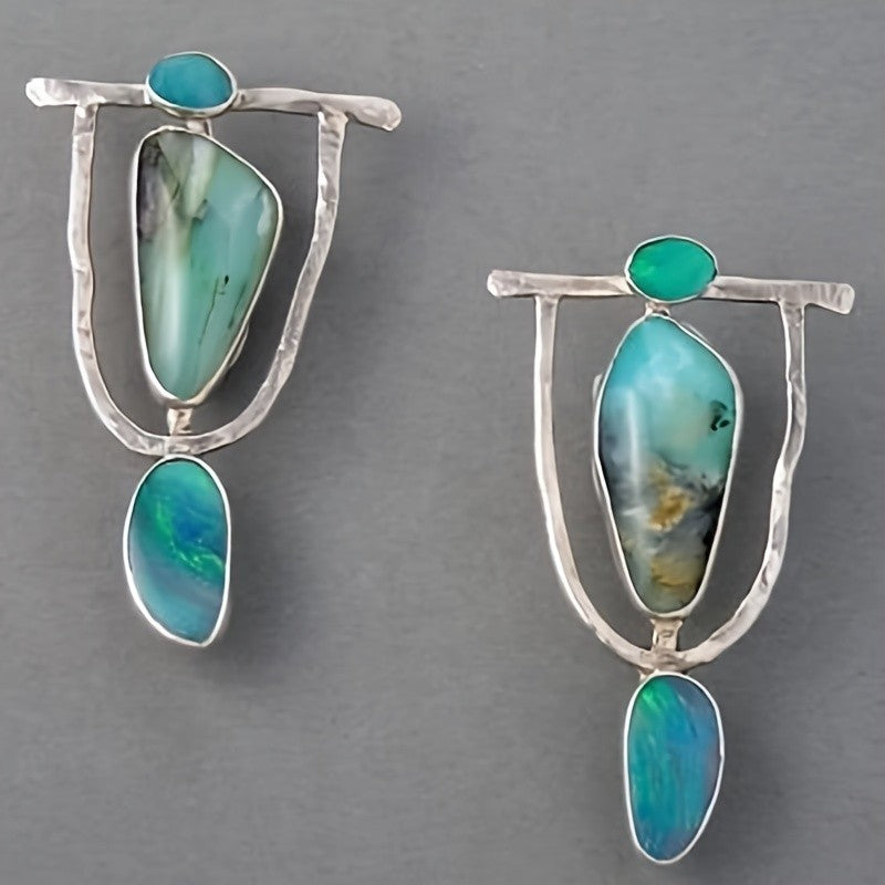 Boho Marbled Teal Asymmetric Drop Earrings