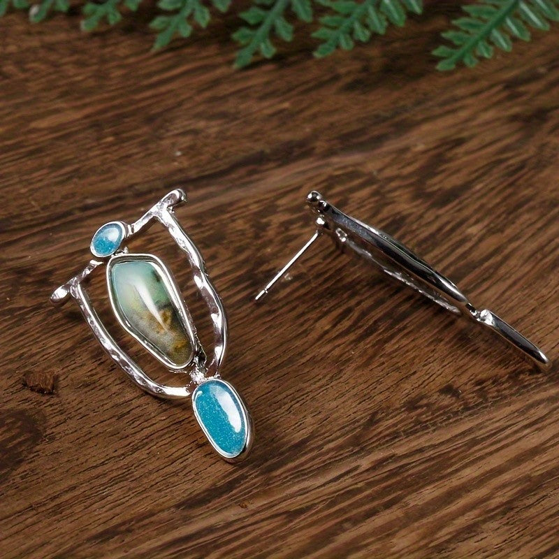 Boho Marbled Teal Asymmetric Drop Earrings