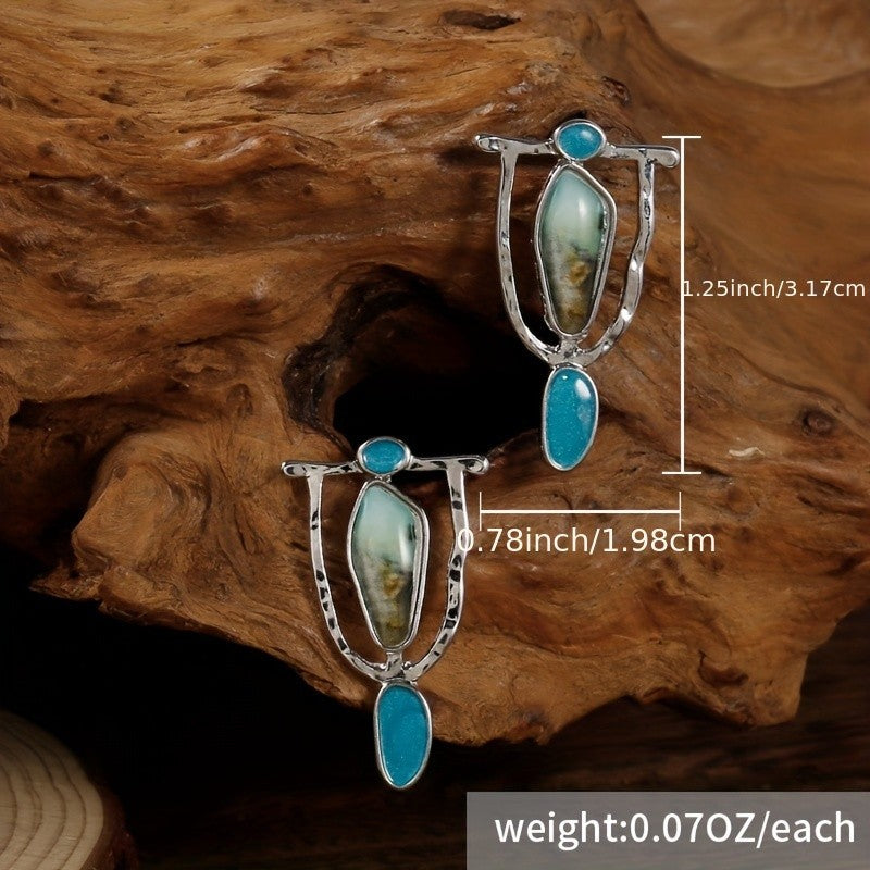 Boho Marbled Teal Asymmetric Drop Earrings