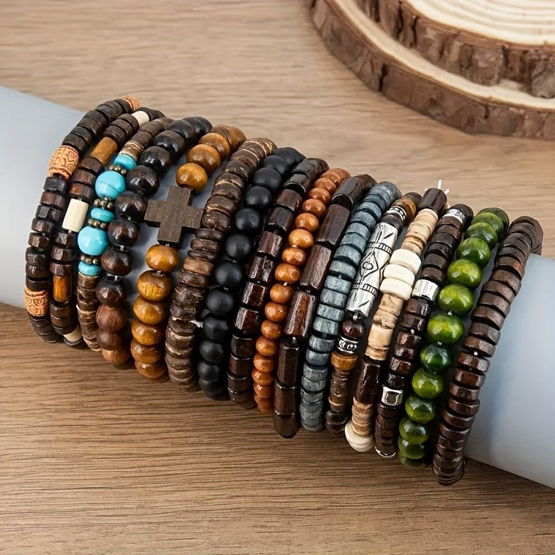 16pc Boho Vintage Mixed Wood Bead Bracelet Set
