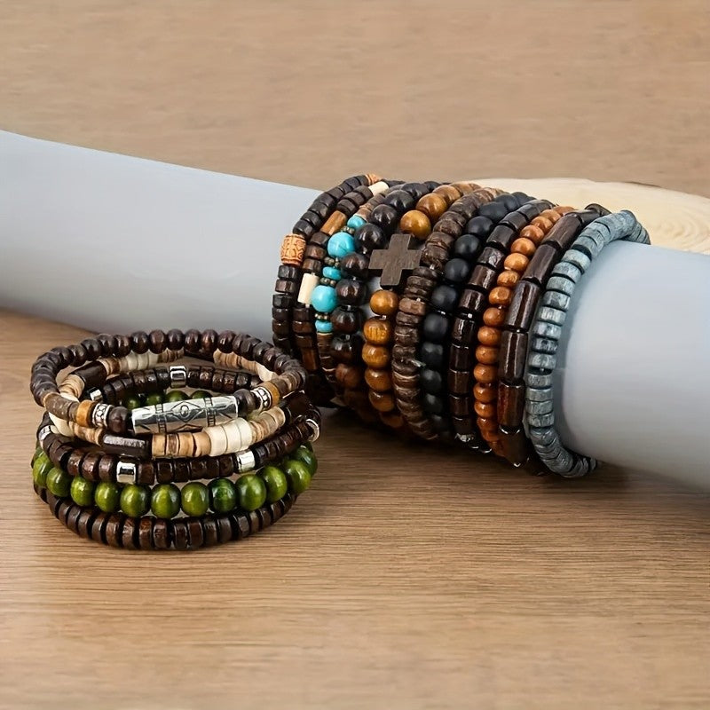 16pc Boho Vintage Mixed Wood Bead Bracelet Set