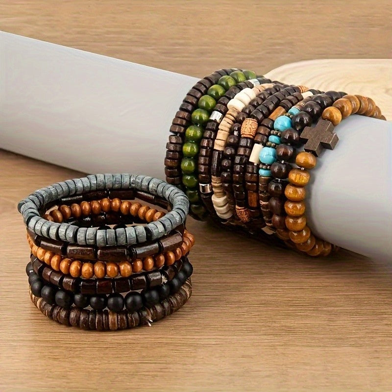 16pc Boho Vintage Mixed Wood Bead Bracelet Set