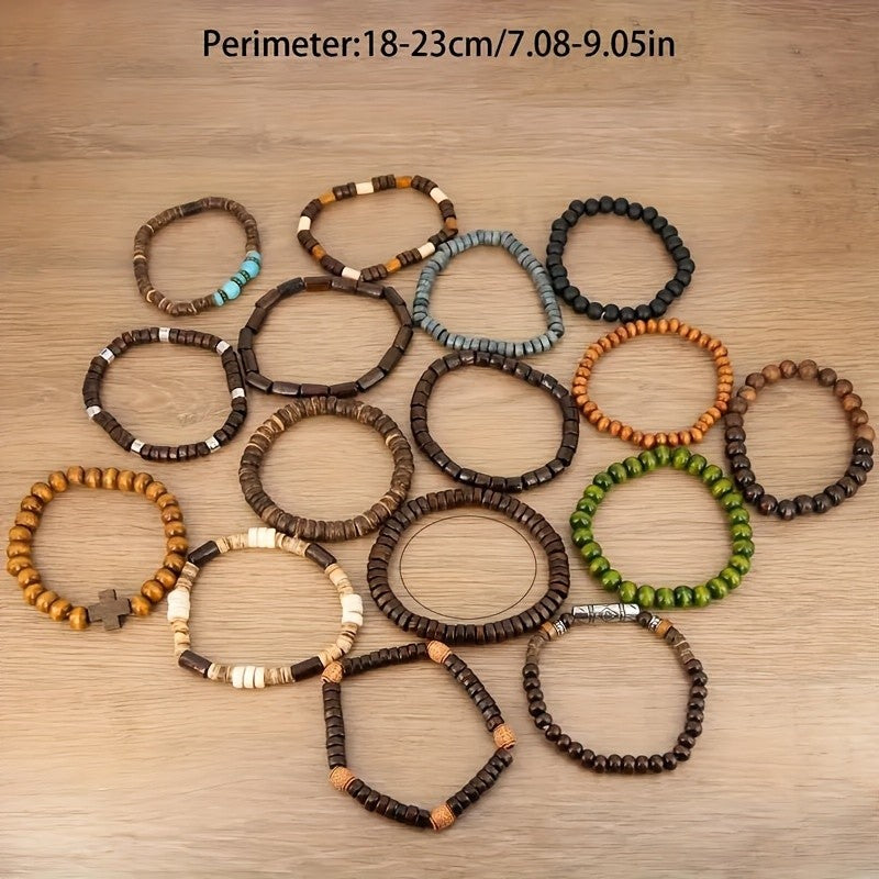 16pc Boho Vintage Mixed Wood Bead Bracelet Set