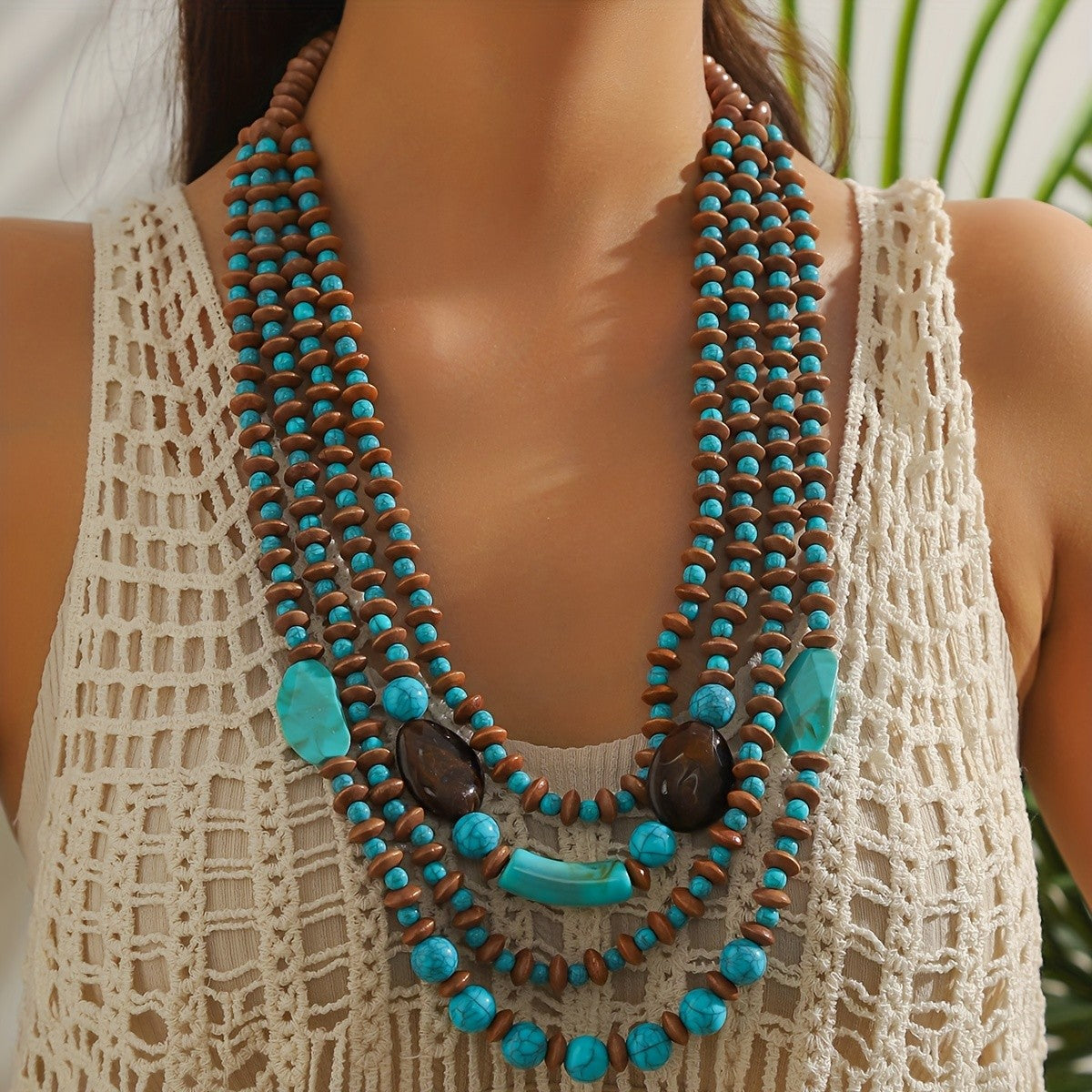 Boho Vintage Turquoise Multi-Strand Necklace Set