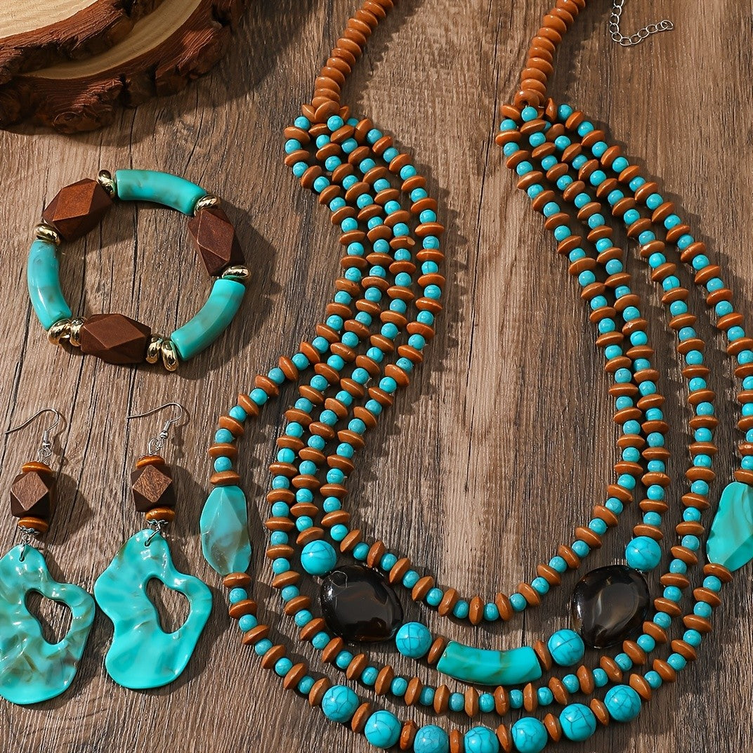 Boho Vintage Turquoise Multi-Strand Necklace Set