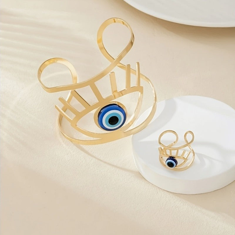 2pc Boho Evil Eye Ring Bracelet Set