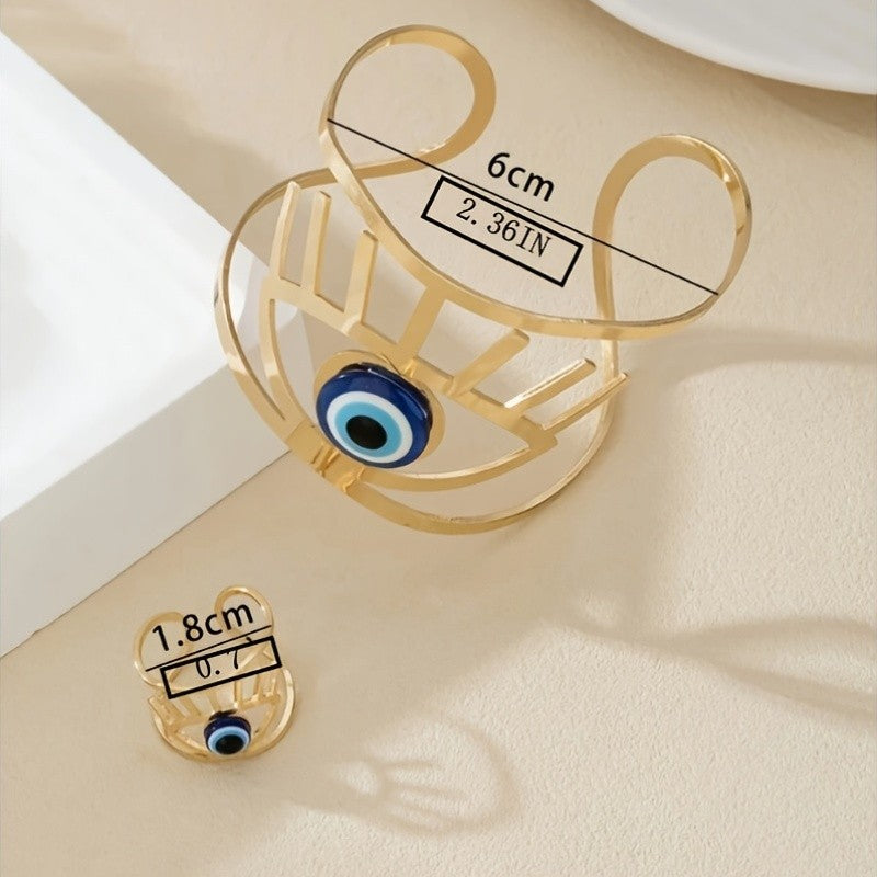 2pc Boho Evil Eye Ring Bracelet Set