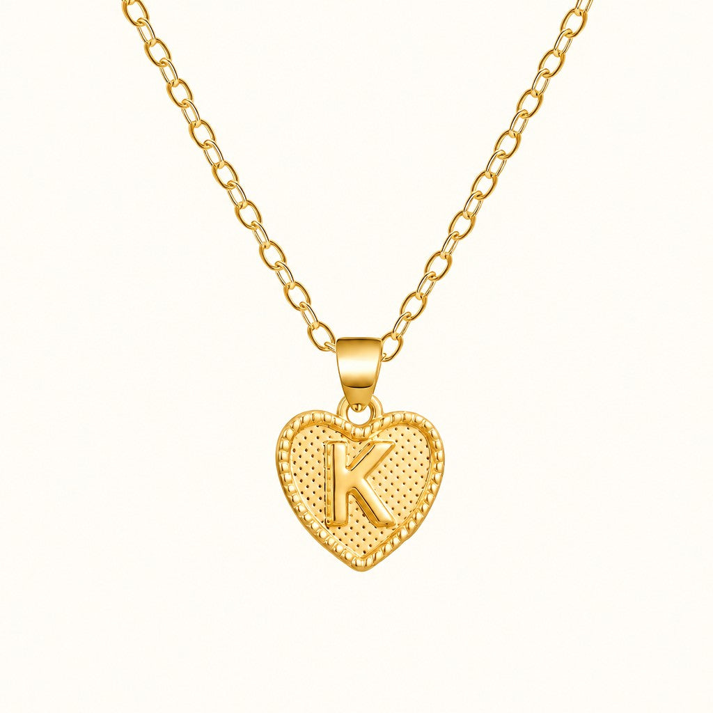 18k Elegant Textured Heart Initial Necklace