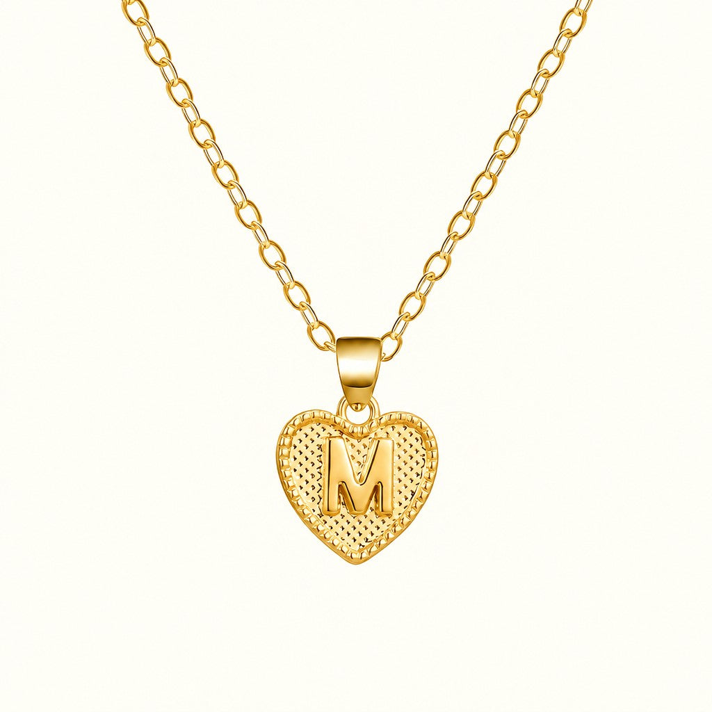 18k Elegant Textured Heart Initial Necklace