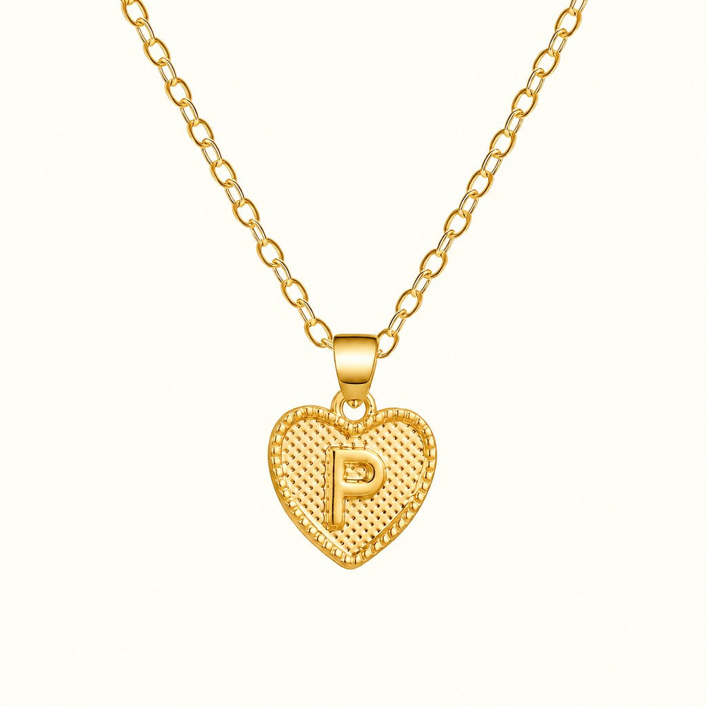18k Elegant Textured Heart Initial Necklace