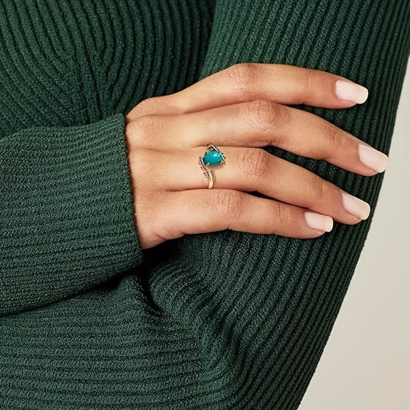Boho Turquoise Leaf Wrap Ring