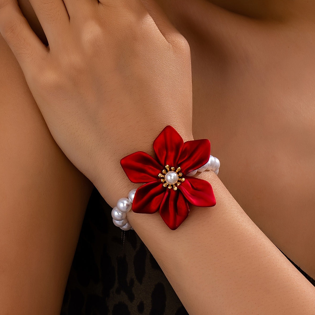Elegant Red Satin Flower Pearl Bracelet