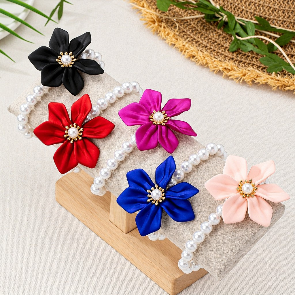 Elegant Red Satin Flower Pearl Bracelet