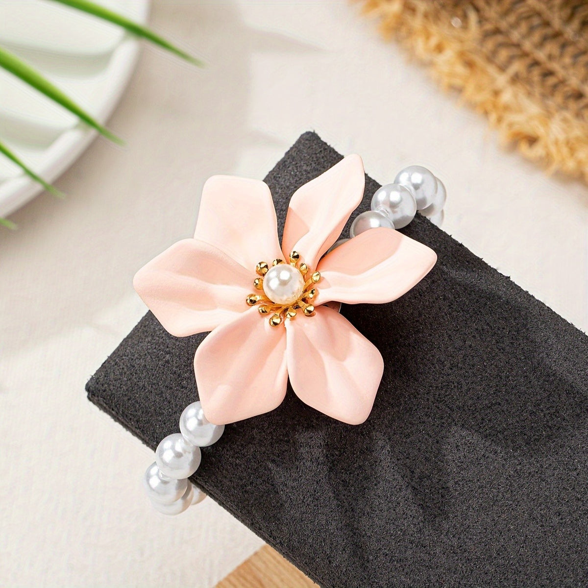 Elegant Red Satin Flower Pearl Bracelet