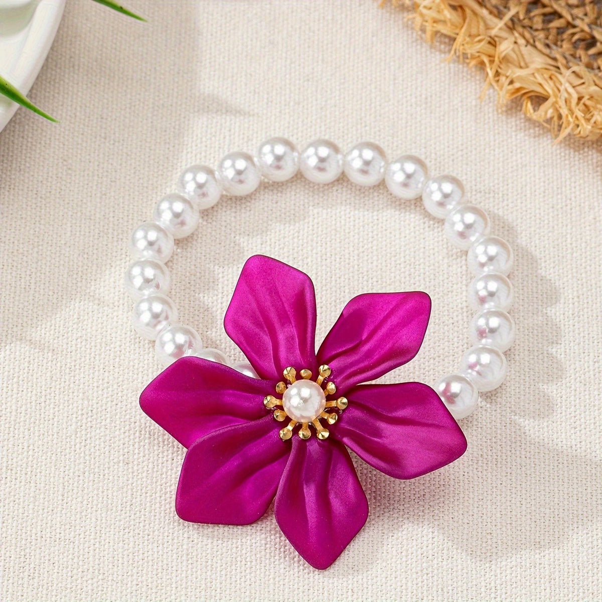 Elegant Red Satin Flower Pearl Bracelet
