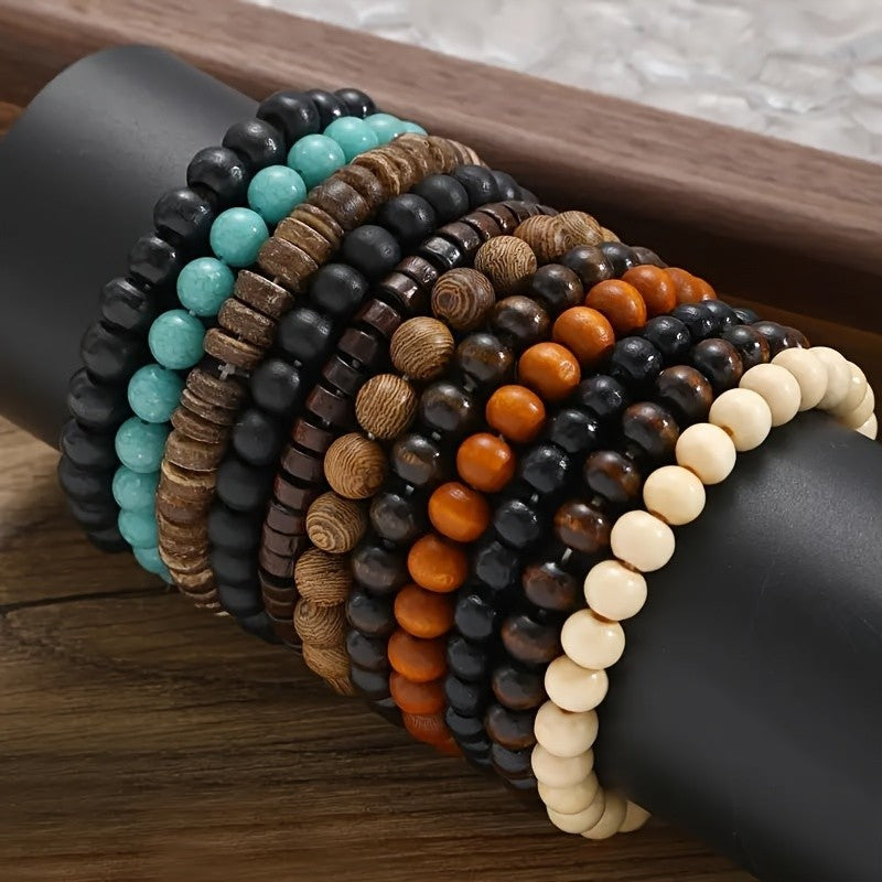 11pc Vintage Mixed Wood Bead Bracelet Set