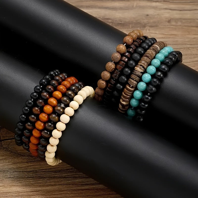 11pc Vintage Mixed Wood Bead Bracelet Set