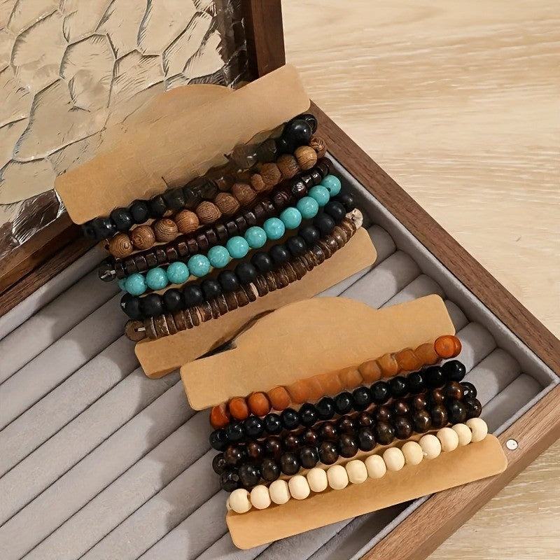 11pc Vintage Mixed Wood Bead Bracelet Set