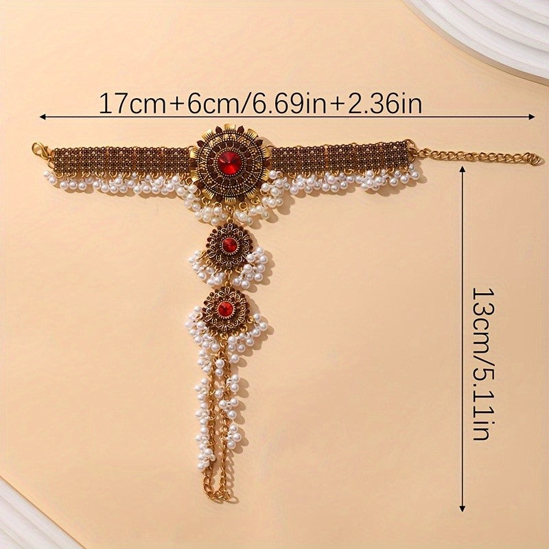 Vintage Inspired Red Flower Faux Pearl Finger Bracelet