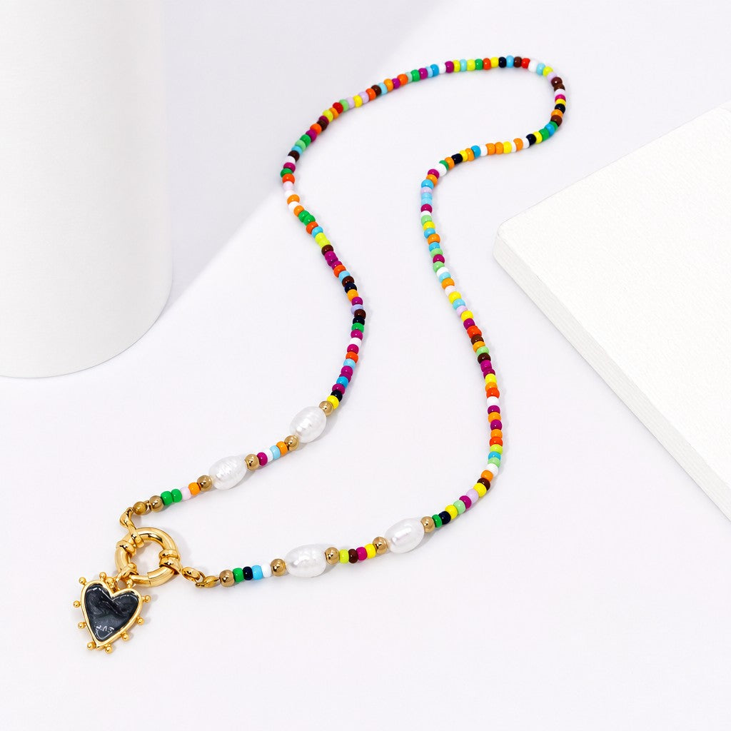 Boho Multicolor Bead Heart Necklace