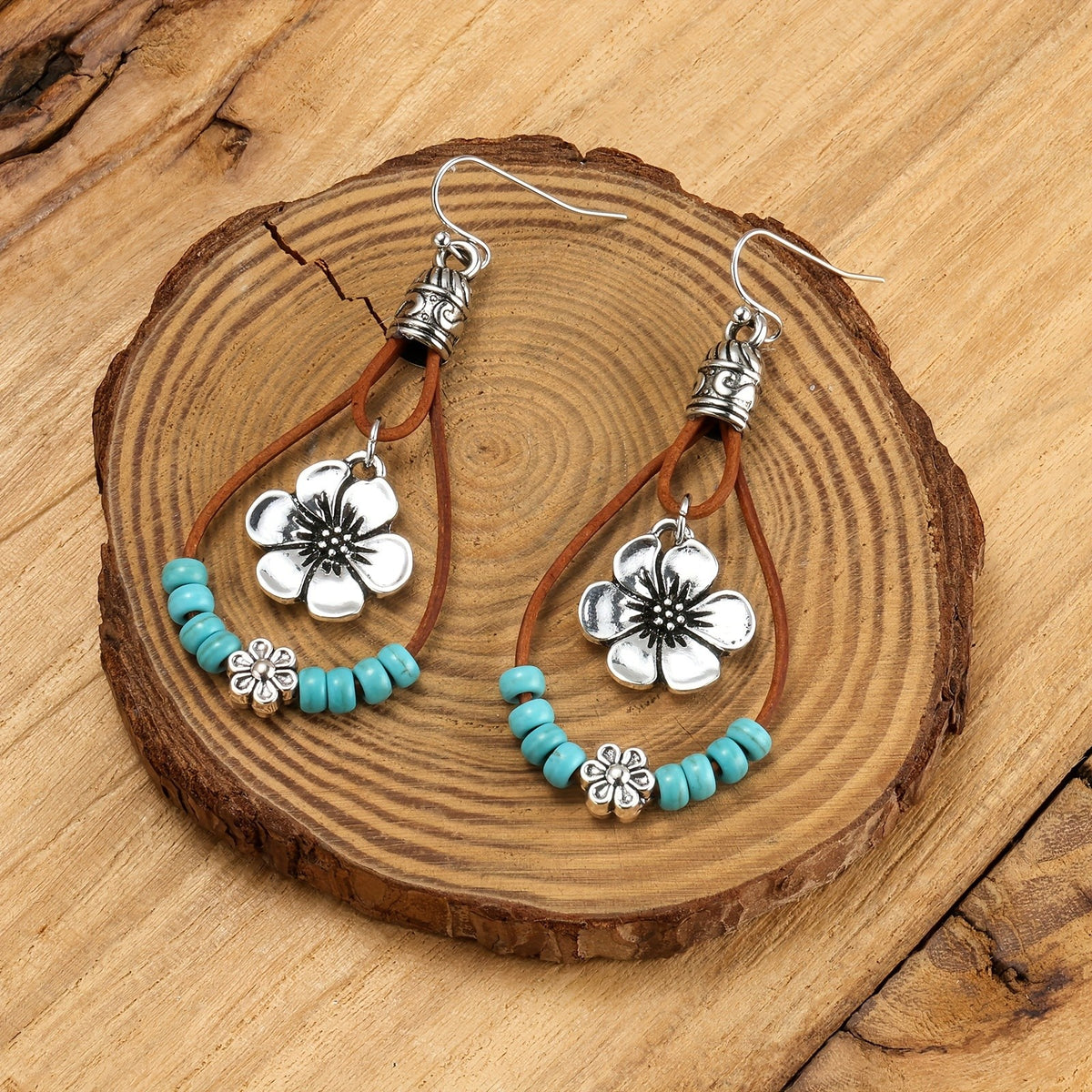 Boho Floral Turquoise Leather Earrings