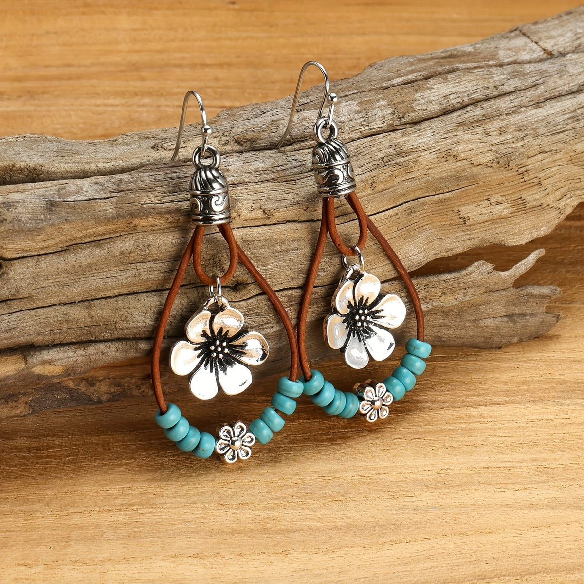Boho Floral Turquoise Leather Earrings