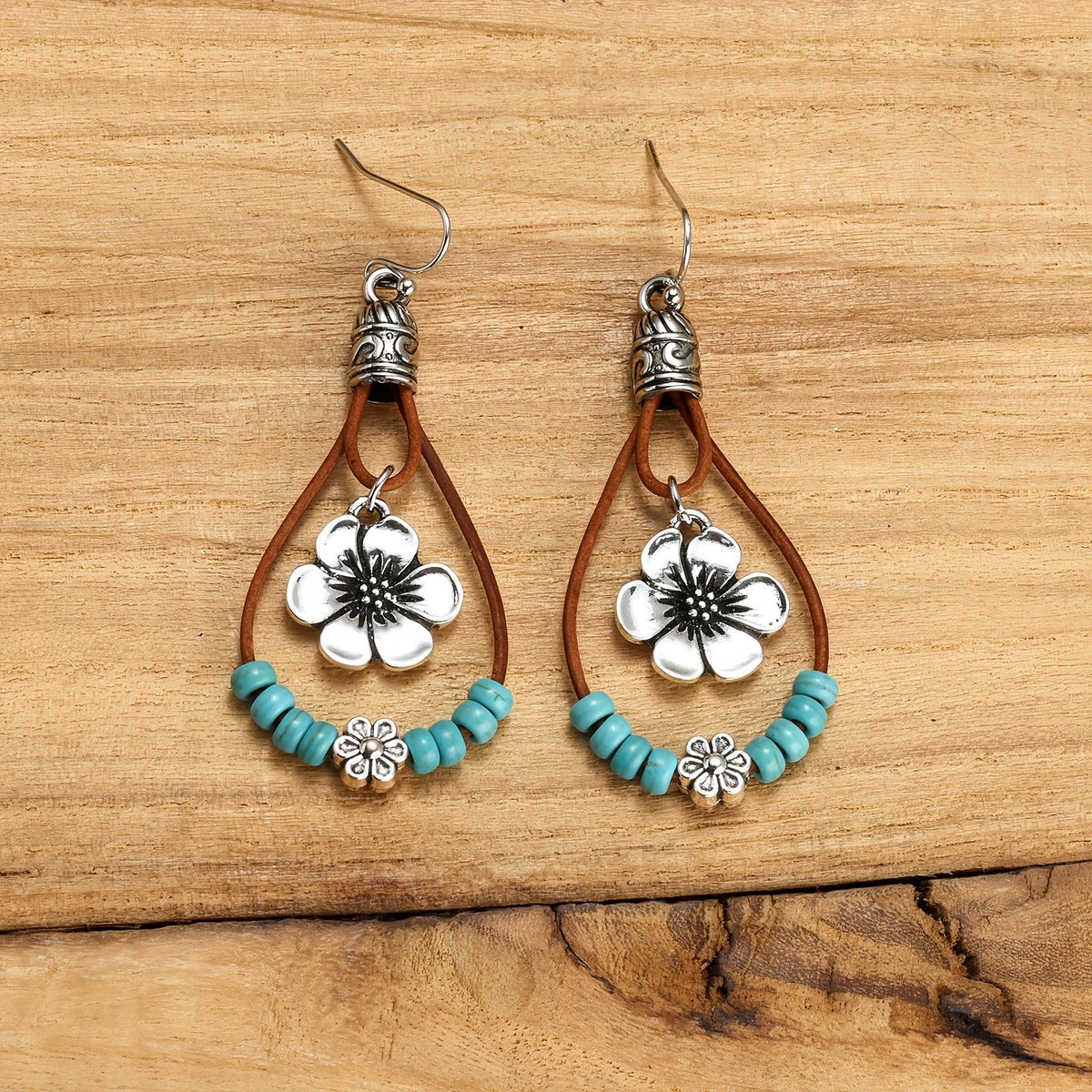 Boho Floral Turquoise Leather Earrings