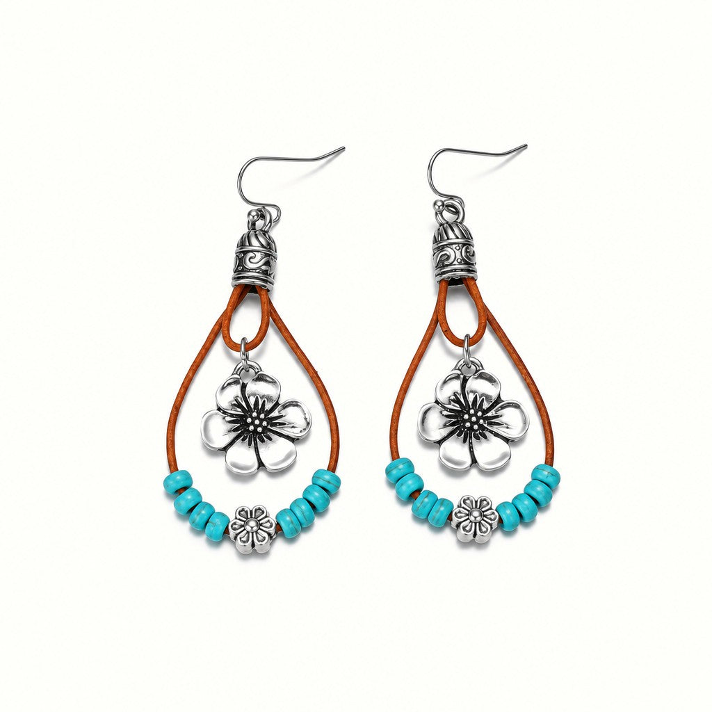 Boho Floral Turquoise Leather Earrings