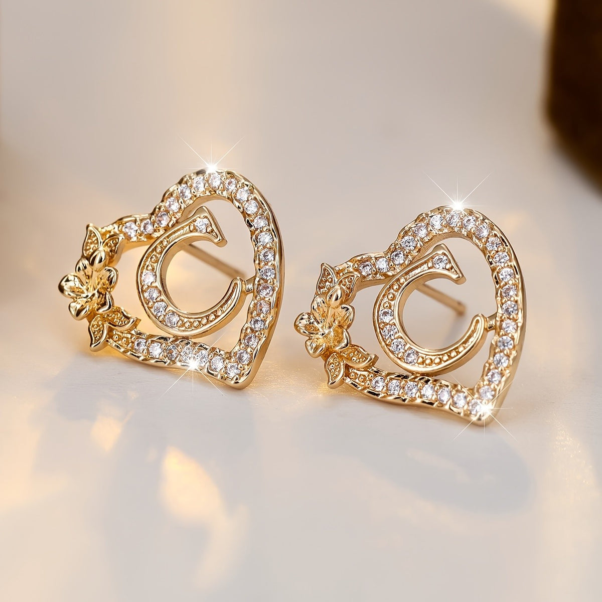 Elegant Heart Initial Zircon Earrings