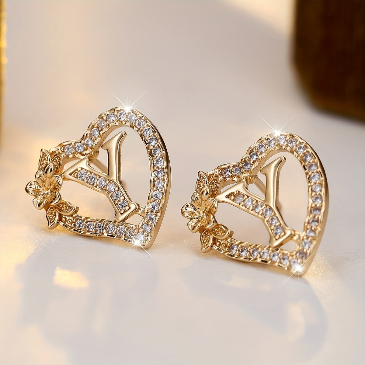 Elegant Heart Initial Zircon Earrings