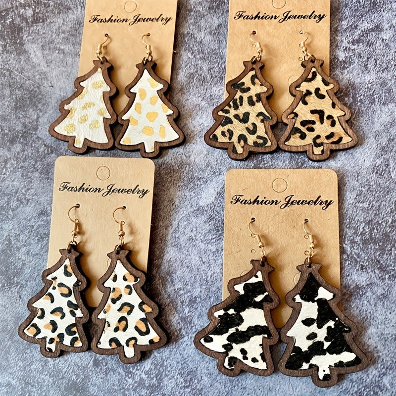 Boho Wooden Christmas Tree Earrings