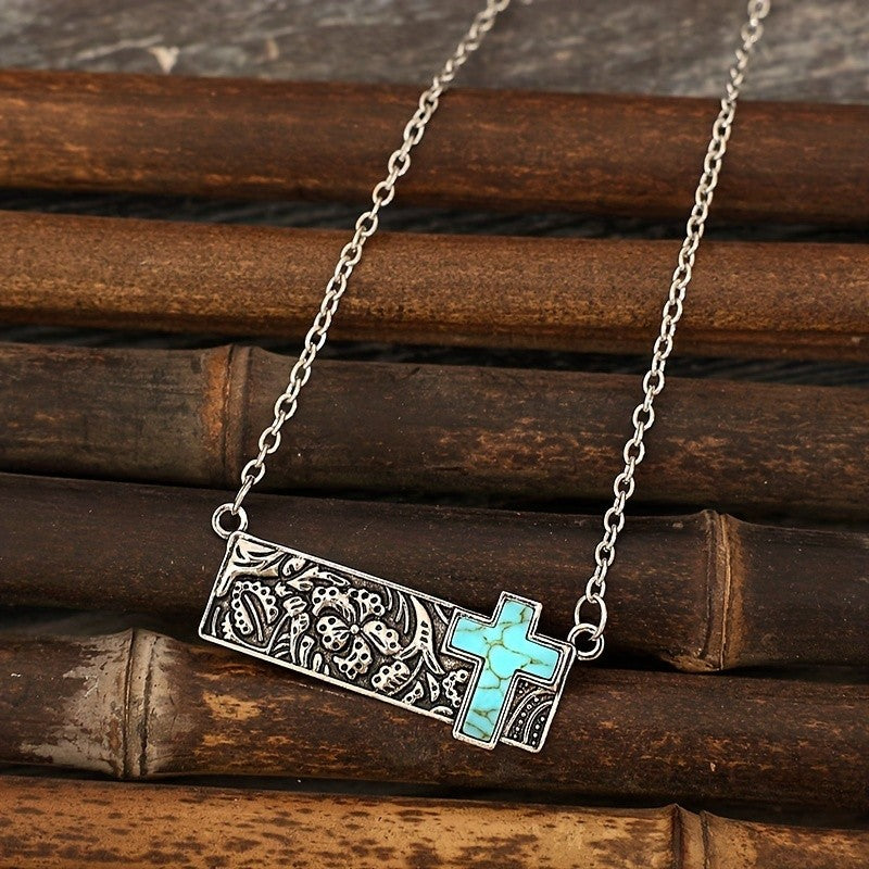 Boho Floral Bar Turquoise Cross Necklace