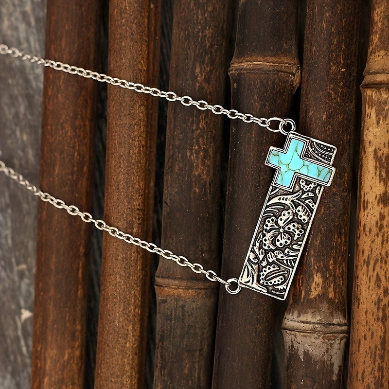 Boho Floral Bar Turquoise Cross Necklace