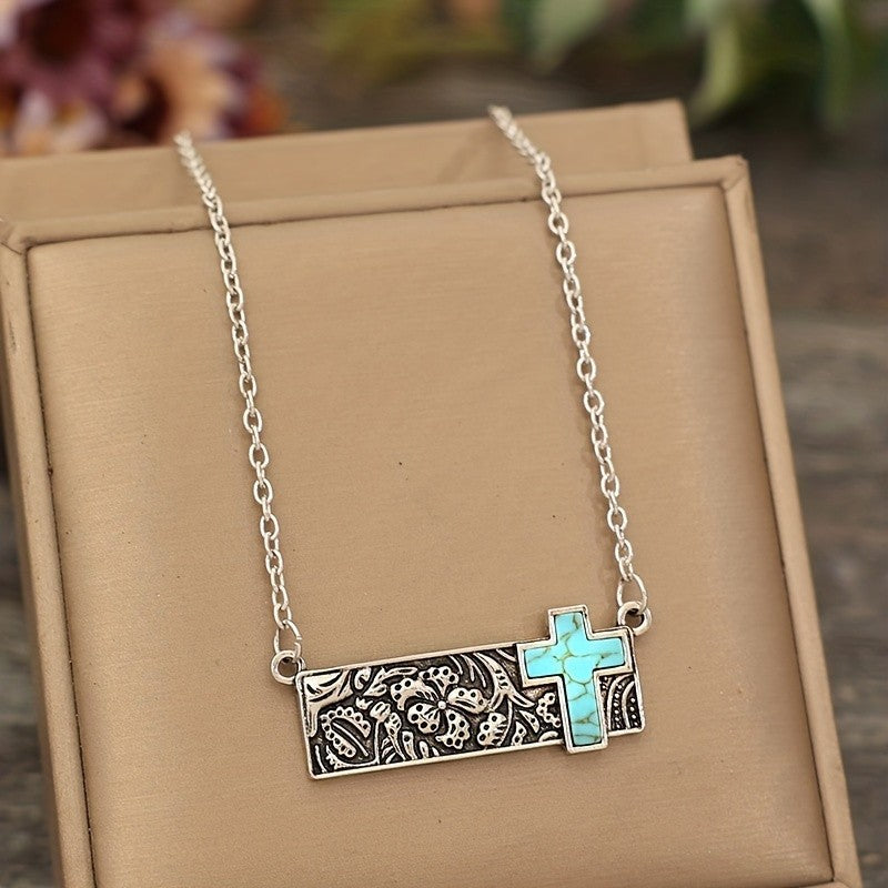 Boho Floral Bar Turquoise Cross Necklace