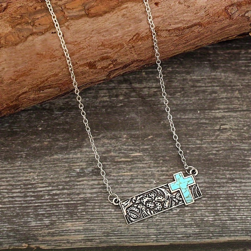 Boho Floral Bar Turquoise Cross Necklace