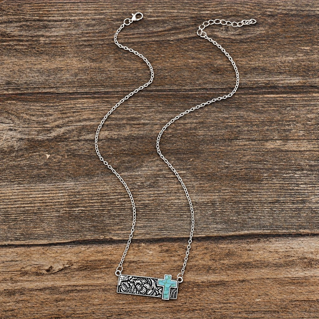 Boho Floral Bar Turquoise Cross Necklace