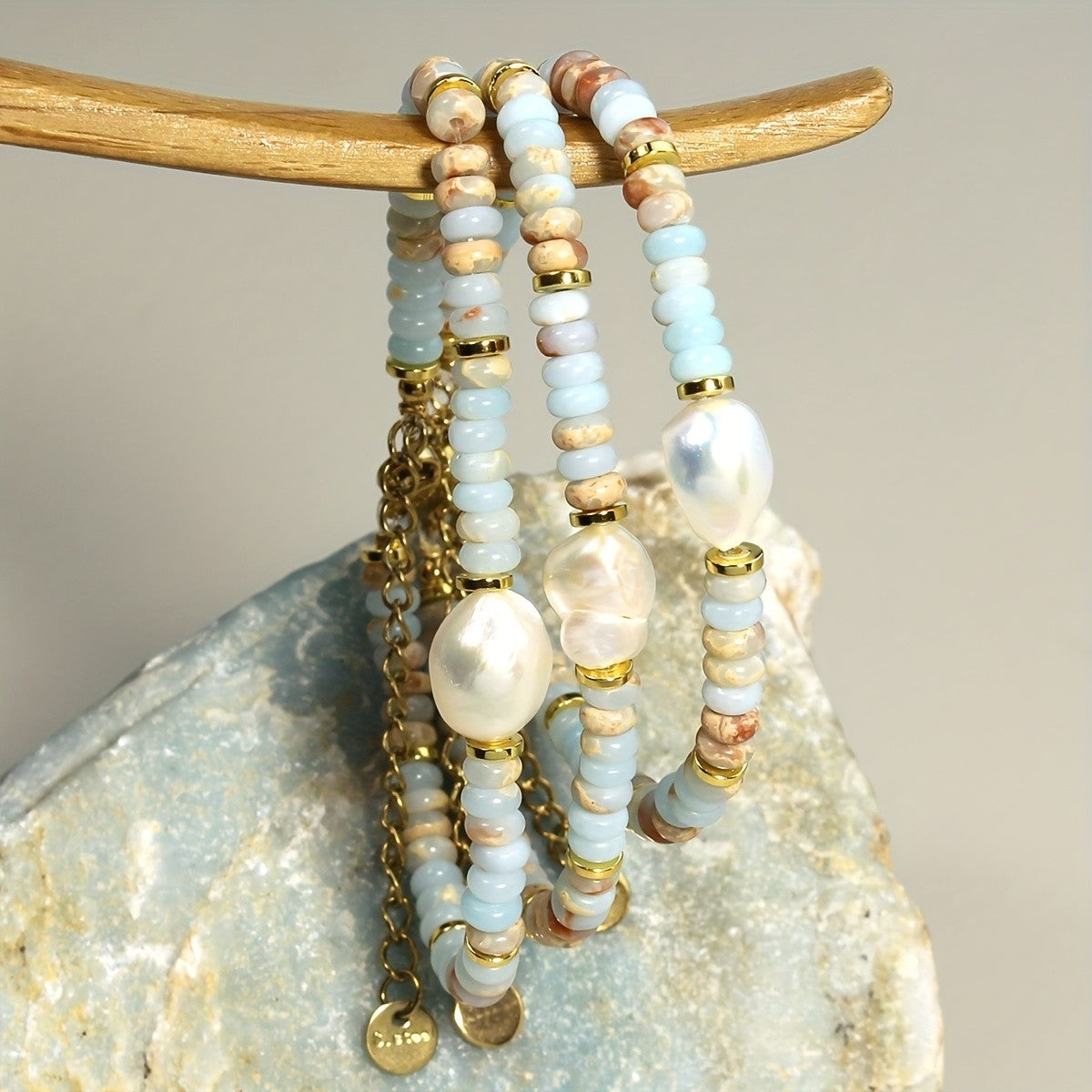 Dainty Layered Stone & Pearl Bracelet Set