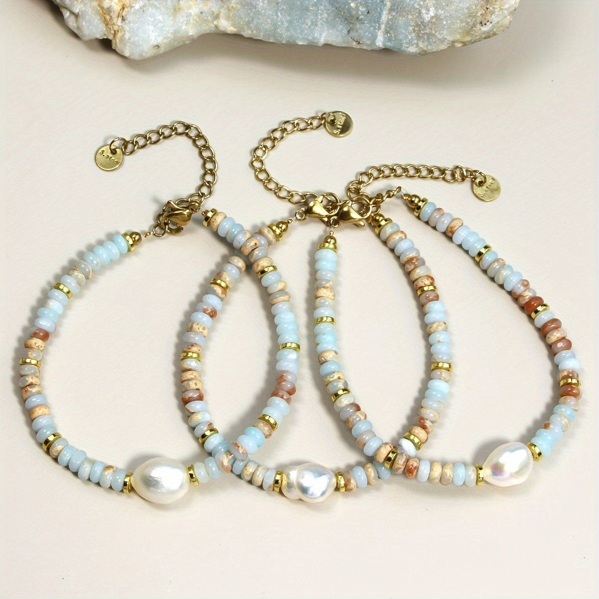 Dainty Layered Stone & Pearl Bracelet Set