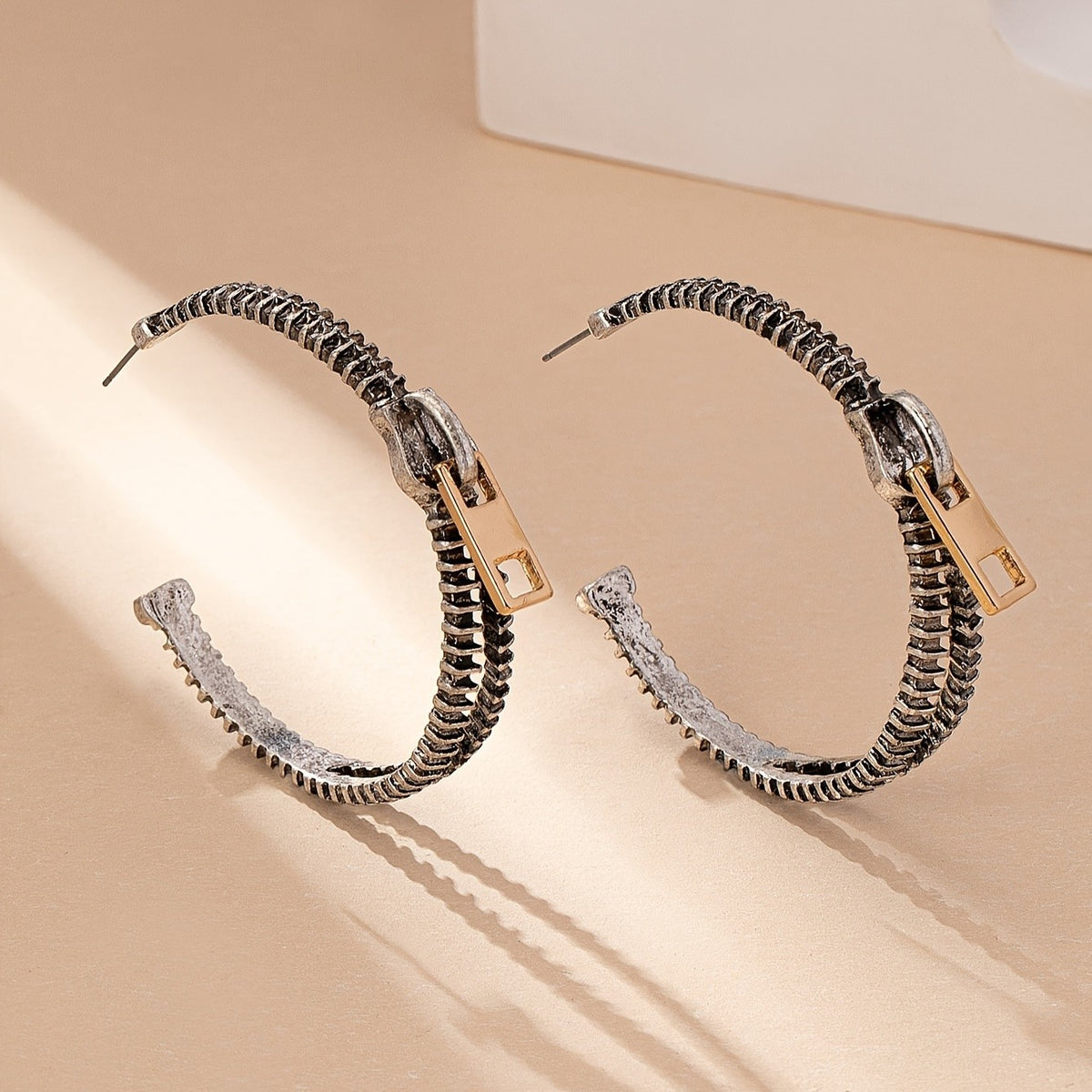 Vintage Gunmetal Zipper Hoop Earrings