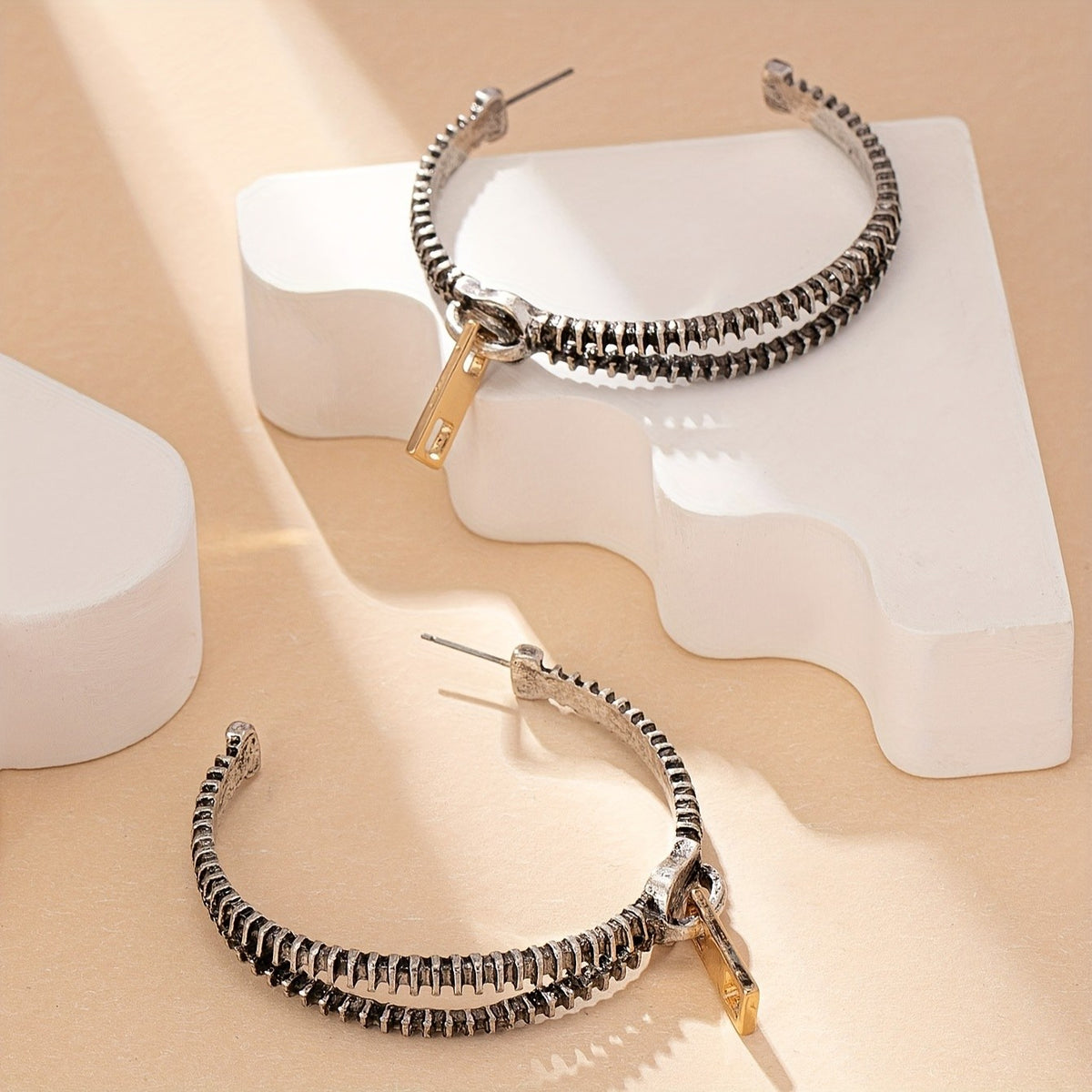 Vintage Gunmetal Zipper Hoop Earrings