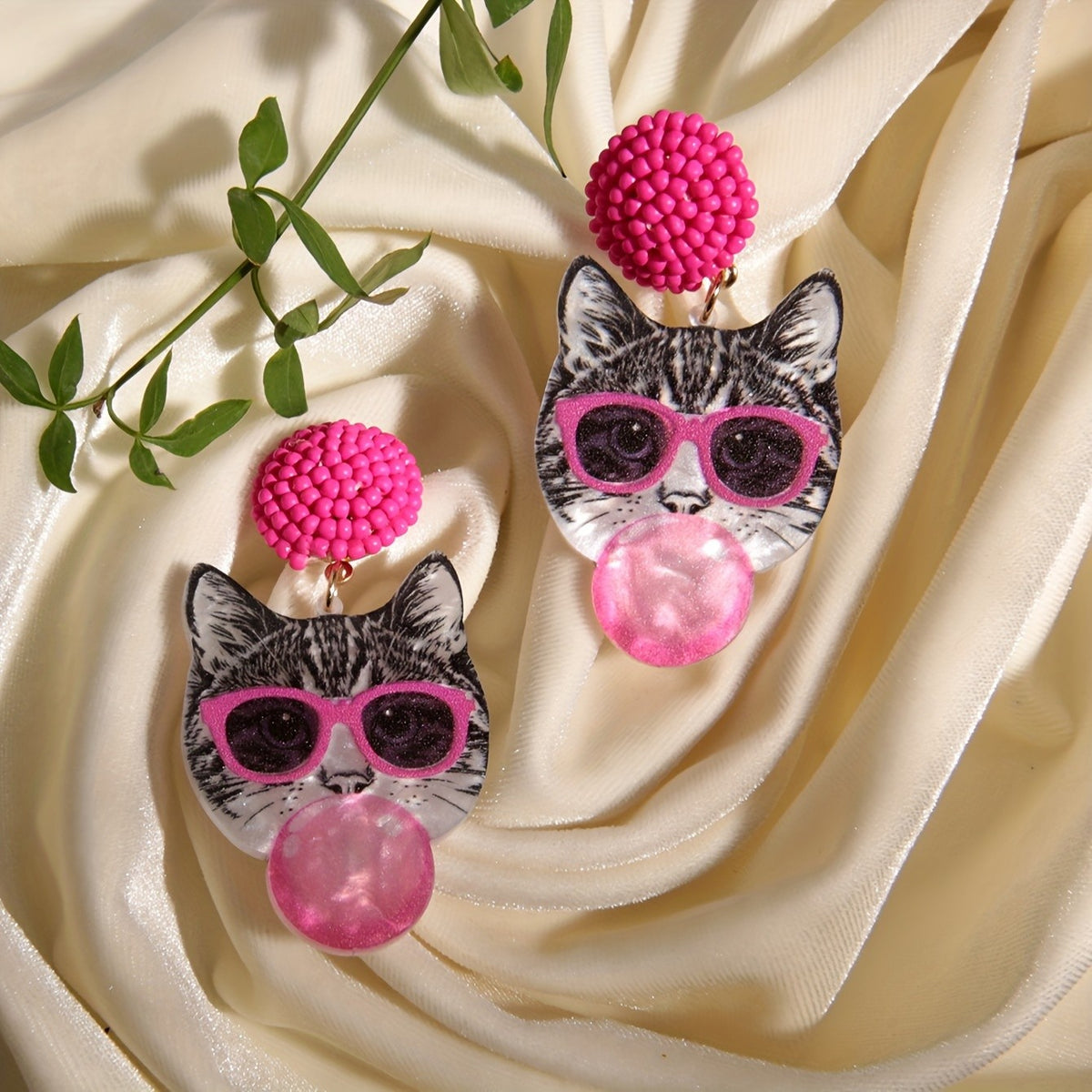 14k Cute Cat Bubblegum Earrings