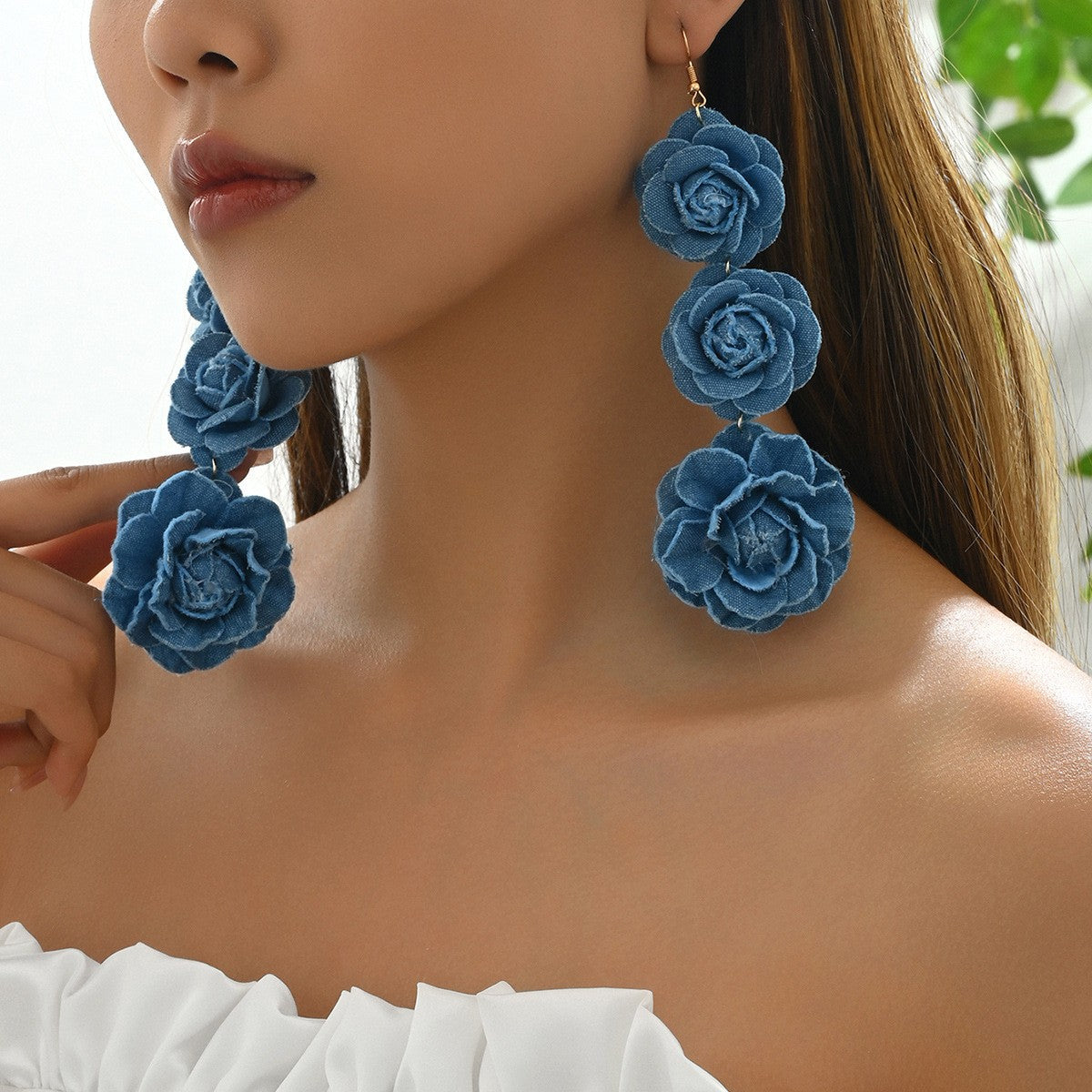 Romantic Blue Fabric Rose Drop Earrings