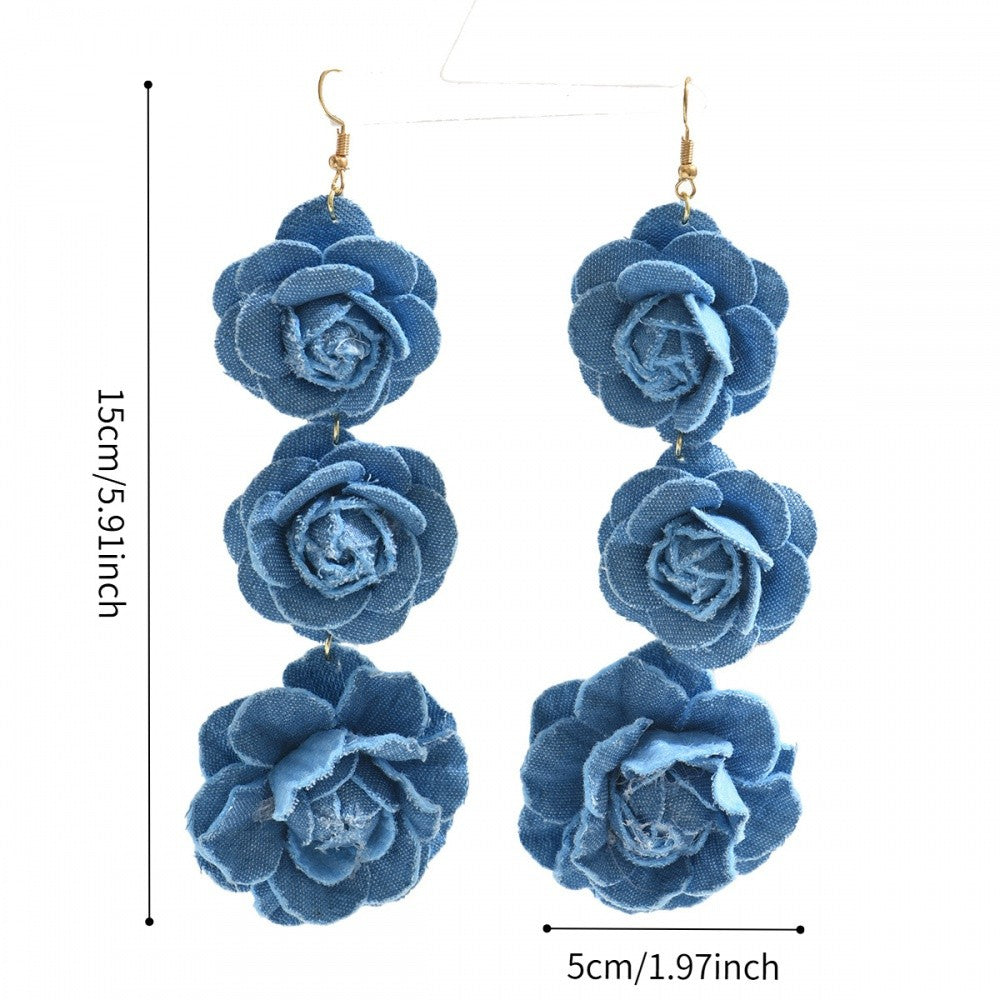 Romantic Blue Fabric Rose Drop Earrings