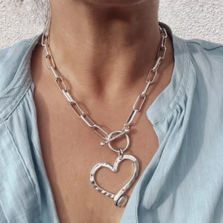 Boho Hammered Heart Link Necklace